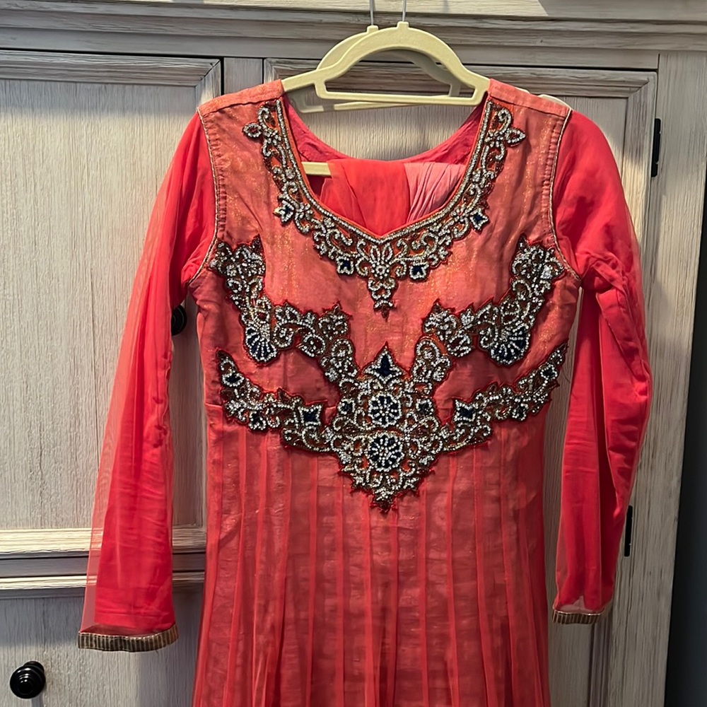 Indian Pakistani Grapefruit color long dress with duppta and pants. Worn once.